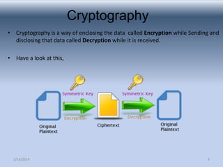 Cryptography
• Cryptography is a way of enclosing the data called Encryption while Sending and
disclosing that data called Decryption while it is received.

• Have a look at this,

1/14/2014

9

 
