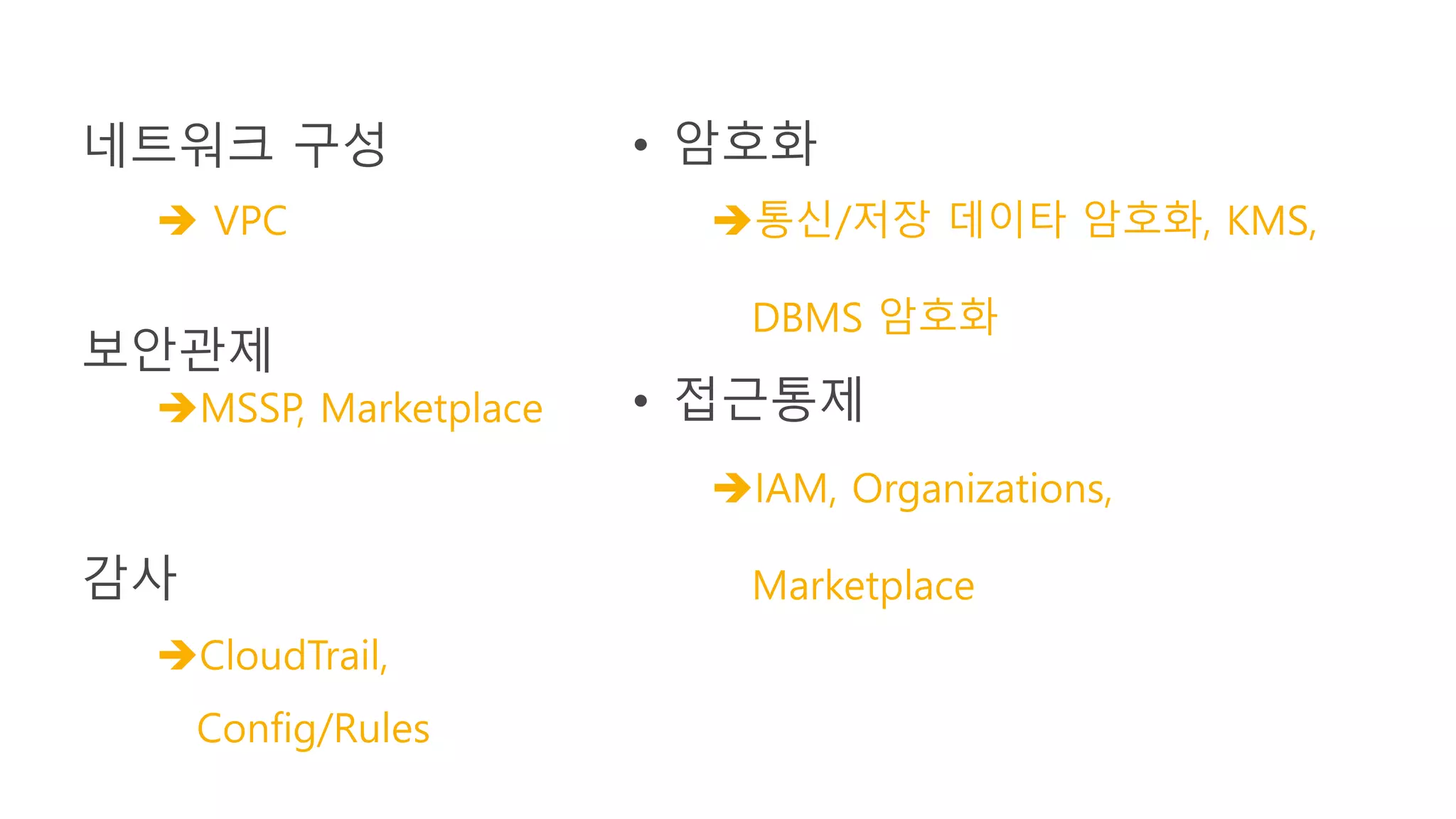 네트워크 구성
보안관제
감사
• 암호화
• 접근통제
 VPC
MSSP, Marketplace
CloudTrail,
Config/Rules
통신/저장 데이타 암호화, KMS,
DBMS 암호화
IAM, Organizations,
Marketplace
 