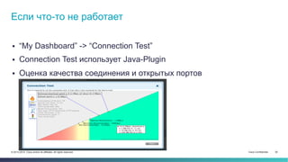 Cisco Confidential 20© 2013-2014 Cisco and/or its affiliates. All rights reserved.
 “My Dashboard” -> “Connection Test”
 Connection Test использует Java-Plugin
 Оценка качества соединения и открытых портов
Если что-то не работает
 
