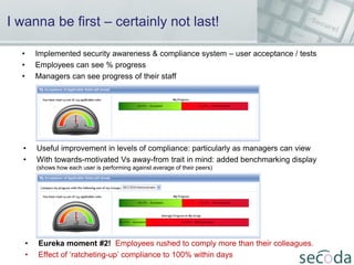 I wanna be first – certainly not last!
•
•
•

Implemented security awareness & compliance system – user acceptance / tests...