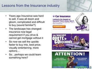 Lessons from the Insurance industry
• Years ago Insurance was hard
to sell. It was all doom and
gloom, complicated and dif...