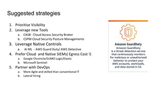 Suggested strategies
1. Prioritise Visibility
2. Leverage new Tools
a. CASB - Cloud Access Security Broker
b. CSPM Cloud Security Posture Managements
3. Leverage Native Controls
a. AI ML - AWS Guard Duty/ AWS Detective
4. Prefer Cloud and Native SIEMs( Egress Cost !)
a. Google Chronicle/SUMO Logic/Elastic
b. Microsoft Sentinel
5. Partner with DevOps
a. More Agile and skilled than conventional IT
b. Lateral hiring
 