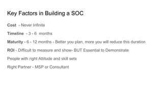 Key Factors in Building a SOC
Cost - Never Infinite
Timeline - 3 - 6 months
Maturity - 6 - 12 months - Better you plan, more you will reduce this duration
ROI - Difficult to measure and show- BUT Essential to Demonstrate
People with right Attitude and skill sets
Right Partner - MSP or Consultant
 