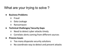 What are your trying to solve ?
● Business Problems
○ Fraud
○ Data Leakage
○ Ransomware
● Technical Challenges/ Security Gaps
○ Need to detect cyber attacks timely
○ Correlate alerts coming from different sources
● Process Issues
○ Too many disparate security solutions
○ No coordinate way to detect and prevent attacks
 