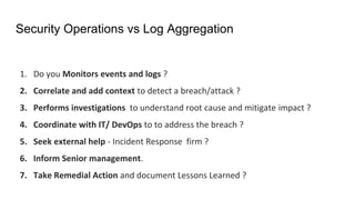 Security Operations vs Log Aggregation
1. Do you Monitors events and logs ?
2. Correlate and add context to detect a breach/attack ?
3. Performs investigations to understand root cause and mitigate impact ?
4. Coordinate with IT/ DevOps to to address the breach ?
5. Seek external help - Incident Response firm ?
6. Inform Senior management.
7. Take Remedial Action and document Lessons Learned ?
 