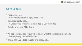 Core Labels
• Purpose of Use
• Treatment, research, legal, claims… etc
• Confidentiality Codes
• Unrestricted  normal  restricted  very restricted
• Delete after use / No Reuse
• All applications are required to know what these labels mean and
observe/obey them if relevant
• There are 500+ total labels, and growing….
 