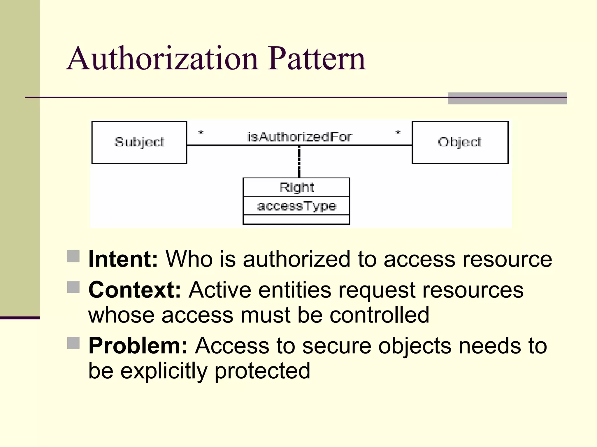 Authorization Pattern
 Intent: Who is authorized to access resource
 Context: Active entities request resources
whose access must be controlled
 Problem: Access to secure objects needs to
be explicitly protected
 