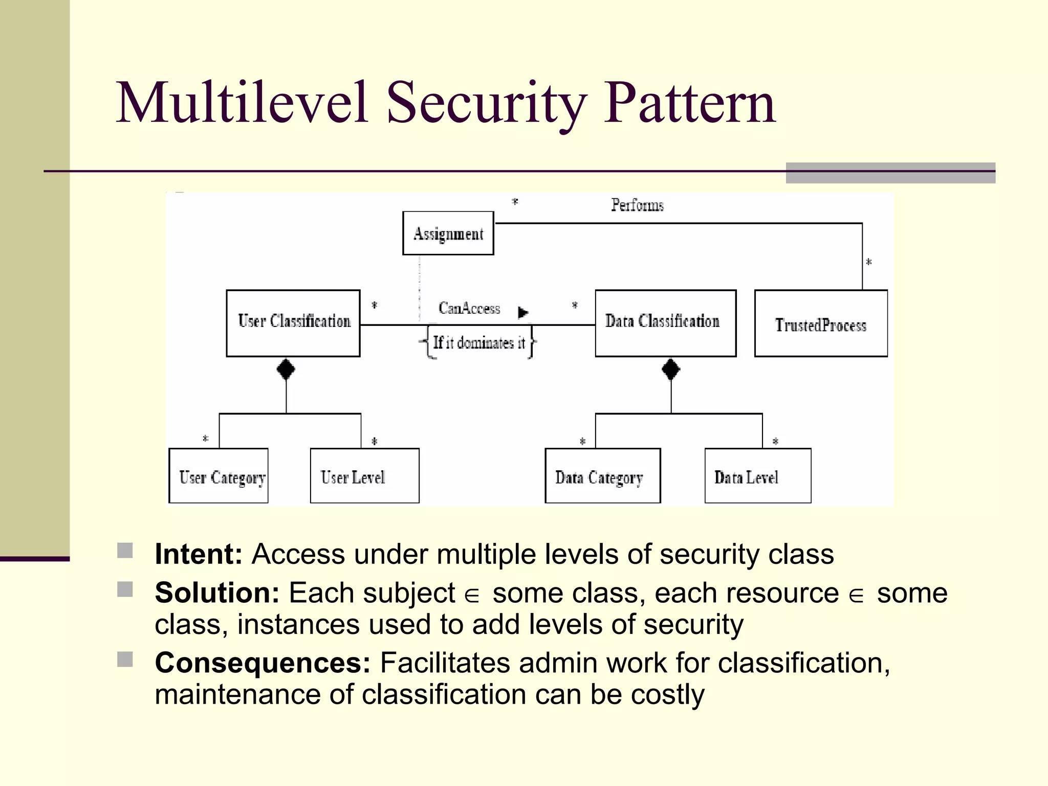 Multilevel Security Pattern
 Intent: Access under multiple levels of security class
 Solution: Each subject ∈ some class, each resource ∈ some
class, instances used to add levels of security
 Consequences: Facilitates admin work for classification,
maintenance of classification can be costly
 