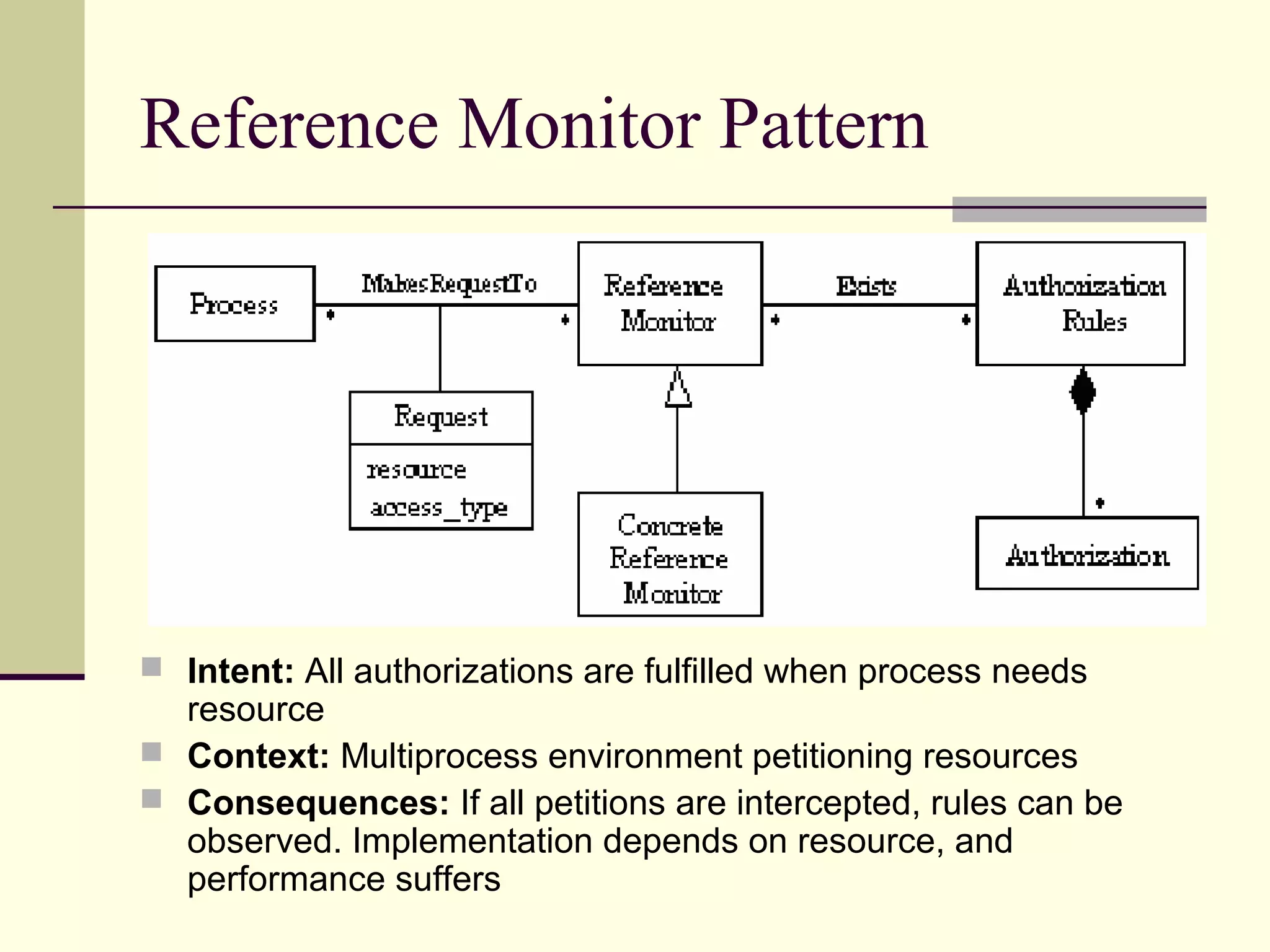Reference Monitor Pattern
 Intent: All authorizations are fulfilled when process needs
resource
 Context: Multiprocess environment petitioning resources
 Consequences: If all petitions are intercepted, rules can be
observed. Implementation depends on resource, and
performance suffers
 
