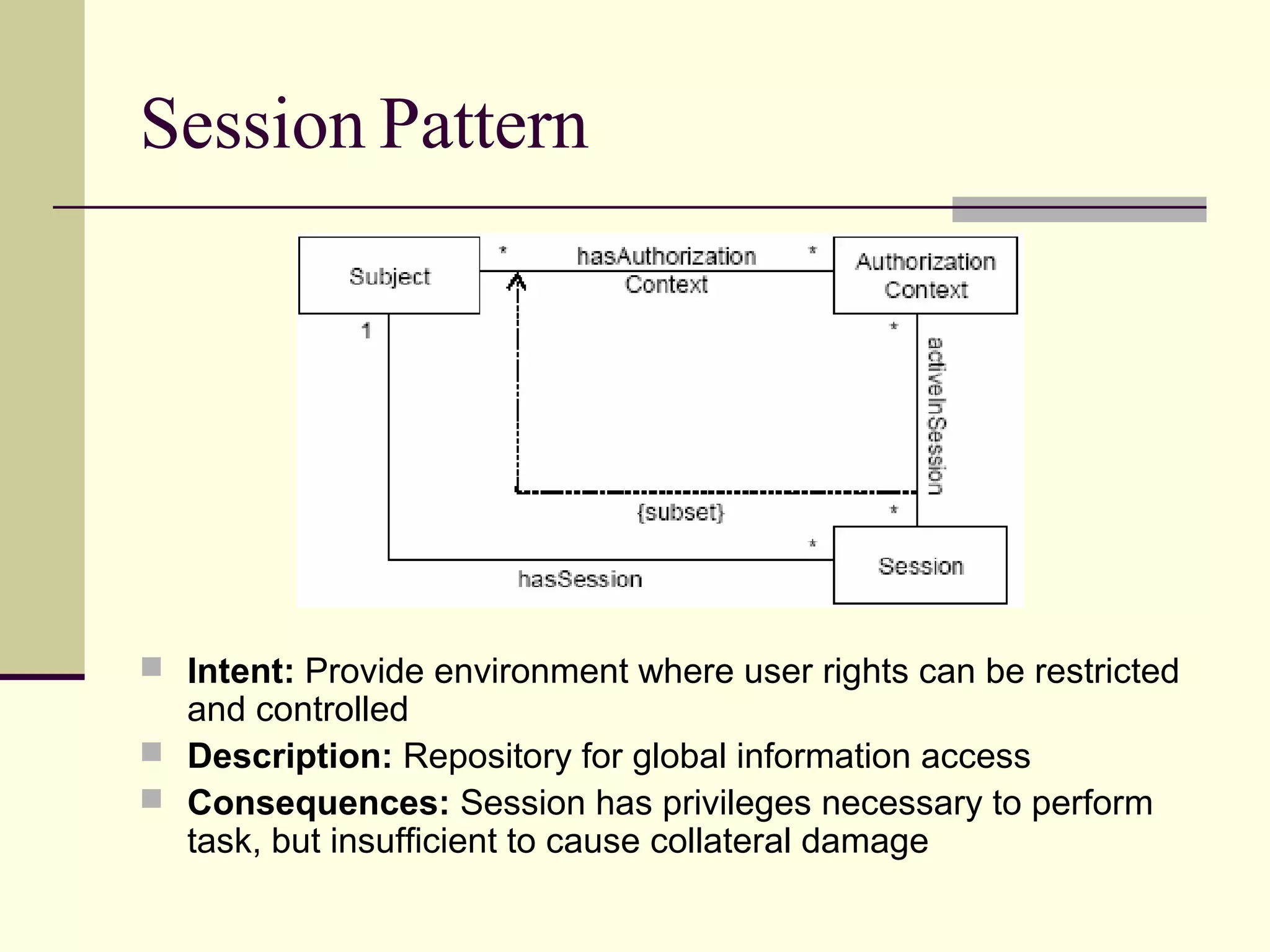 Session Pattern
 Intent: Provide environment where user rights can be restricted
and controlled
 Description: Repository for global information access
 Consequences: Session has privileges necessary to perform
task, but insufficient to cause collateral damage
 