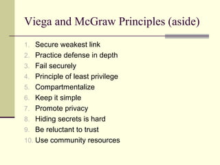 Viega and McGraw Principles (aside)
1. Secure weakest link
2. Practice defense in depth
3. Fail securely
4. Principle of least privilege
5. Compartmentalize
6. Keep it simple
7. Promote privacy
8. Hiding secrets is hard
9. Be reluctant to trust
10. Use community resources
 