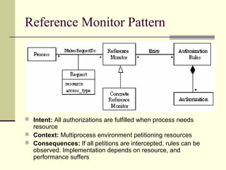 Reference Monitor Pattern
 Intent: All authorizations are fulfilled when process needs
resource
 Context: Multiprocess environment petitioning resources
 Consequences: If all petitions are intercepted, rules can be
observed. Implementation depends on resource, and
performance suffers
 