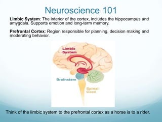 Neuroscience 101
Limbic System: The interior of the cortex, includes the hippocampus and
amygdala. Supports emotion and long-term memory.
Prefrontal Cortex: Region responsible for planning, decision making and
moderating behavior.

Think of the limbic system to the prefrontal cortex as a horse is to a rider.

 