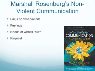 Marshall Rosenberg’s NonViolent Communication
 Facts or observations

 Feelings
 Needs or what’s “alive”
 Request

 