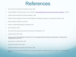 References


Zehr, Howard The Little Book of Restorative Justice, 2002



Chubirka, Michele “Is Cyber Security a Form of Violence?” http://packetpushers.net/is-cyber-security-a-form-of-violence/, 1/31/2012



Goleman, Daniel Working with Emotional Intelligence, 1998



Goleman, Daniel and Boyatzis, Richard “Social Intelligence and Biology of Leadership” Harvard Business Review, 9/08



Kryder, Suzanne The Mind To Lead, 2011



Weston, Joe Mastering Respectful Confrontation, 2011



Pink, Daniel Drive, 2009



Pink, Daniel “Why bosses need to show their soft side” The TeleGraph 7/17/11



Gladwell, Malcolm Blink, 2005



Alexander, Matthew How to Break a Terrorist: The U.S. Interrogators Who Used Brains, Not Brutality, to Take Down the
Deadliest Man in Iraq, 2008



Siegel, Daniel The Mindful Brain, 2007



Hanson, Rick Buddha’s Brain, 2009



Rosenberg, Marshall B. Nonviolent Communication, 2005



Luders, Kurth, Mayer, Toga, Narr and Gaser, The unique brain anatomy of meditation practitioners: alterations in cortical gyrification,
2012

 