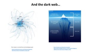 And the dark web…
https://enterprise.verizon.com/resources/reports/
2019-data-breach-investigations-report.pdf
Term clusters in criminal forum and marketplace posts https://cyware.com/educational-guides/
cyber-threat-intelligence/how-is-surface-web-intelligence
-different-from-dark-web-intelligence-393c
 