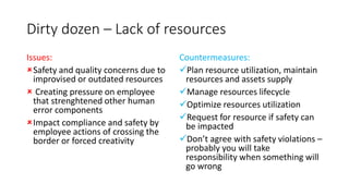 Dirty dozen – Lack of resources
Issues:
Safety and quality concerns due to
improvised or outdated resources
 Creating pressure on employee
that strenghtened other human
error components
Impact compliance and safety by
employee actions of crossing the
border or forced creativity
Countermeasures:
Plan resource utilization, maintain
resources and assets supply
Manage resources lifecycle
Optimize resources utilization
Request for resource if safety can
be impacted
Don’t agree with safety violations –
probably you will take
responsibility when something will
go wrong
 