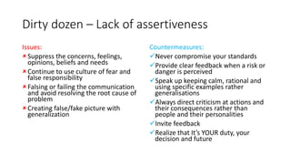 Dirty dozen – Lack of assertiveness
Issues:
Suppress the concerns, feelings,
opinions, beliefs and needs
Continue to use culture of fear and
false responsibility
Falsing or failing the communication
and avoid resolving the root cause of
problem
Creating false/fake picture with
generalization
Countermeasures:
Never compromise your standards
Provide clear feedback when a risk or
danger is perceived
Speak up keeping calm, rational and
using specific examples rather
generalisations
Always direct criticism at actions and
their consequences rather than
people and their personalities
Invite feedback
Realize that It’s YOUR duty, your
decision and future
 