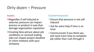 Dirty dozen – Pressure
Issues:
Regardles if self induced or
external, pressure can impact
process or product in way that
damage organization reputation
Creating false picture about job
conditions or covered trading
jobs can impact project deadline
or client relations with your
company
Countermeasures:
Ensure that pressure is not self
induced
Ask for extra help if time is an
issue
Communicate if you think you
will need more time to complete
job rather than rush through it
 