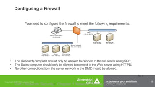 accelerate your ambition 16
Configuring a Firewall
Part I Network Security Chapter 1 Network Device Configuration
You need to configure the firewall to meet the following requirements:
Pg. 5
• The Research computer should only be allowed to connect to the file server using SCP.
• The Sales computer should only be allowed to connect to the Web server using HTTPS.
• No other connections from the server network to the DMZ should be allowed.
 
