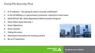 accelerate your ambition 2
1. In IT industry – You going to need a security certification
2. In the US Military or a government contractor- required in most cases
3. (DoD 8570.01-M) / State Department Skills Incentive Program
4. Short Video about Security +
5. Exam Objectives
6. Exam Content
7. Taking the exam
8. Download instructions for training content
9. Be an IT Superhero
CompTIA Security Plus
 