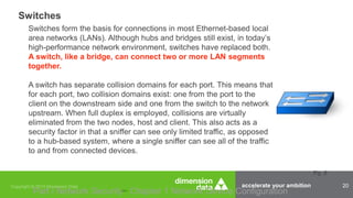 accelerate your ambition 20
Switches
Part I Network Security Chapter 1 Network Device Configuration
Switches form the basis for connections in most Ethernet-based local
area networks (LANs). Although hubs and bridges still exist, in today’s
high-performance network environment, switches have replaced both.
A switch, like a bridge, can connect two or more LAN segments
together.
A switch has separate collision domains for each port. This means that
for each port, two collision domains exist: one from the port to the
client on the downstream side and one from the switch to the network
upstream. When full duplex is employed, collisions are virtually
eliminated from the two nodes, host and client. This also acts as a
security factor in that a sniffer can see only limited traffic, as opposed
to a hub-based system, where a single sniffer can see all of the traffic
to and from connected devices.
Pg. 8
 