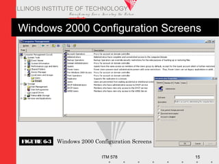 Transfo rm ing Live s. Inve nting the Future .
www.iit.edu
ITM 578 15
ILLINOIS INSTITUTE OF TECHNOLOGY
Windows 2000 Configuration Screens
FIGURE 6-3 Windows 2000 Configuration Screens
 