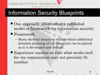 Transfo rm ing Live s. Inve nting the Future .
www.iit.edu
ITM 578 23
ILLINOIS INSTITUTE OF TECHNOLOGY
Information Security Blueprints
 One approach: adapt/adopt a published
model or framework for information security
 Framework
– Basic skeletal structure within which additional
detailed planning of the blueprint can be placed
as it is developed and refined
 Experience teaches us that what works well
for one organization may not precisely fit
another
 
