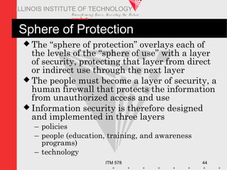 Transfo rm ing Live s. Inve nting the Future .
www.iit.edu
ITM 578 44
ILLINOIS INSTITUTE OF TECHNOLOGY
Sphere of Protection
 The “sphere of protection” overlays each of
the levels of the “sphere of use” with a layer
of security, protecting that layer from direct
or indirect use through the next layer
 The people must become a layer of security, a
human firewall that protects the information
from unauthorized access and use
 Information security is therefore designed
and implemented in three layers
– policies
– people (education, training, and awareness
programs)
– technology
 