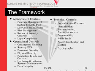 Transfo rm ing Live s. Inve nting the Future .
www.iit.edu
ITM 578 46
ILLINOIS INSTITUTE OF TECHNOLOGY
The Framework
 Management Controls
– Program Management
– System Security Plan
– Life Cycle Maintenance
– Risk Management
– Review of Security
Controls
– Legal Compliance
 Operational Controls
– Contingency Planning
– Security ETA
– Personnel Security
– Physical Security
– Production Inputs and
Outputs
– Hardware & Software
Systems Maintenance
– Data Integrity
 Technical Controls
– Logical Access Controls
– Identification,
Authentication,
Authorization, and
Accountability
– Audit Trails
– Asset Classification and
Control
– Cryptography
 