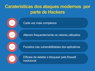 Caraterísticas dos ataques modernos por 
parte de Hackers 
Cada vez mais complexos 
Alteram frequentemente os vetores utilizados 
Focados nas vulnerabilidades dos aplicativos 
Díficeis de detetar e bloquear pela firewall 
tradicional 
 