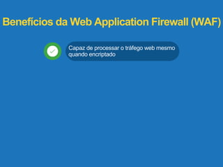 Benefícios da Web Application Firewall (WAF) 
Capaz de processar o tráfego web mesmo 
quando encriptado 
 