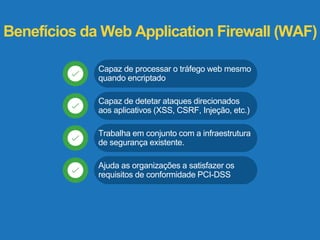 Benefícios da Web Application Firewall (WAF) 
Capaz de processar o tráfego web mesmo 
quando encriptado 
Capaz de detetar ataques direcionados 
aos aplicativos (XSS, CSRF, Injeção, etc.) 
Trabalha em conjunto com a infraestrutura 
de segurança existente. 
Ajuda as organizações a satisfazer os 
requisitos de conformidade PCI-DSS 
 