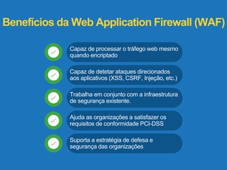 Benefícios da Web Application Firewall (WAF) 
Capaz de processar o tráfego web mesmo 
quando encriptado 
Capaz de detetar ataques direcionados 
aos aplicativos (XSS, CSRF, Injeção, etc.) 
Trabalha em conjunto com a infraestrutura 
de segurança existente. 
Ajuda as organizações a satisfazer os 
requisitos de conformidade PCI-DSS 
Suporta a estratégia de defesa e 
segurança das organizações 
 