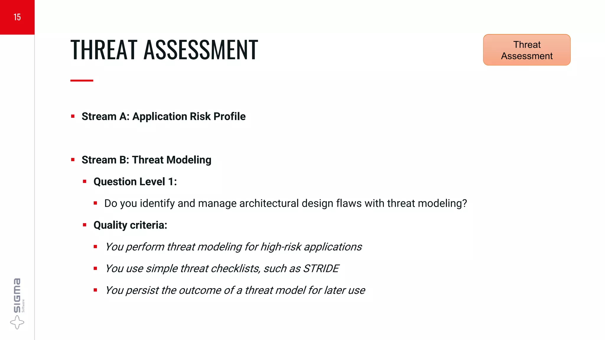  Stream A: Application Risk Profile
 Stream B: Threat Modeling
 Question Level 1:
 Do you identify and manage architectural design flaws with threat modeling?
 Quality criteria:
 You perform threat modeling for high-risk applications
 You use simple threat checklists, such as STRIDE
 You persist the outcome of a threat model for later use
THREAT ASSESSMENT
—
15
Security
Requirements
Threat
Assessment
 