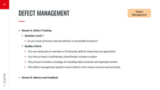  Stream A: Defect Tracking
 Question Level 1:
 Do you track all known security defects in accessible locations?
 Quality criteria:
 You can easily get an overview of all security defects impacting one application
 You have at least a rudimentary classification scheme in place
 The process includes a strategy for handling false positives and duplicate entries
 The defect management system covers defects from various sources and activities
 Stream B: Metrics and Feedback
DEFECT MANAGEMENT
—
24
Security
Requirements
Defect
Management
 