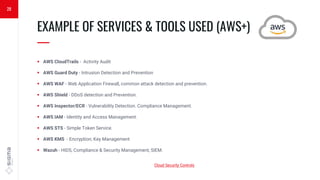  AWS CloudTrails - Activity Audit
 AWS Guard Duty - Intrusion Detection and Prevention
 AWS WAF - Web Application Firewall, common attack detection and prevention.
 AWS Shield - DDoS detection and Prevention.
 AWS Inspector/ECR - Vulnerability Detection. Compliance Management.
 AWS IAM - Identity and Access Management.
 AWS STS - Simple Token Service.
 AWS KMS - Encryption; Key Management
 Wazuh - HIDS, Compliance & Security Management, SIEM.
EXAMPLE OF SERVICES & TOOLS USED (AWS+)
—
28
Cloud Security Controls
 
