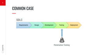 6
COMMON CASE
—
Requirements Design Development Testing Deployment
SDLC
Penetration Testing
 