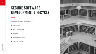 8
SECURE SOFTWARE
DEVELOPMENT LIFECYCLE
—
Common S-SDLC Standards:
 ISO 27034
 NIST SP 800-64
 BSIMM
 Microsoft S-SDLC
 OWASP SAMM
 