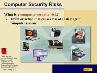 Computer Security Risks
     What is a computer security risk?
               Event or action that causes loss of or damage to
                computer system




Click to view Web
Link, click Chapter 11, Click
Web Link from left
navigation, then click
Computer Emergency
Response Team Coordination
Center below Chapter 11
   p. 556 - 558 Fig. 11-1                                          Next
 