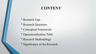 CONTENT
• Research Gap
• Research Questions
• Conceptual Framework
• Operationalization Table
• Research Methodology
• Significance of the Research
 