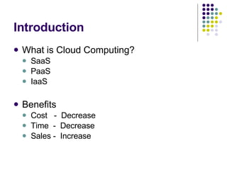 Introduction What is Cloud Computing? SaaS PaaS IaaS Benefits Cost  -  Decrease Time  -  Decrease Sales -  Increase 