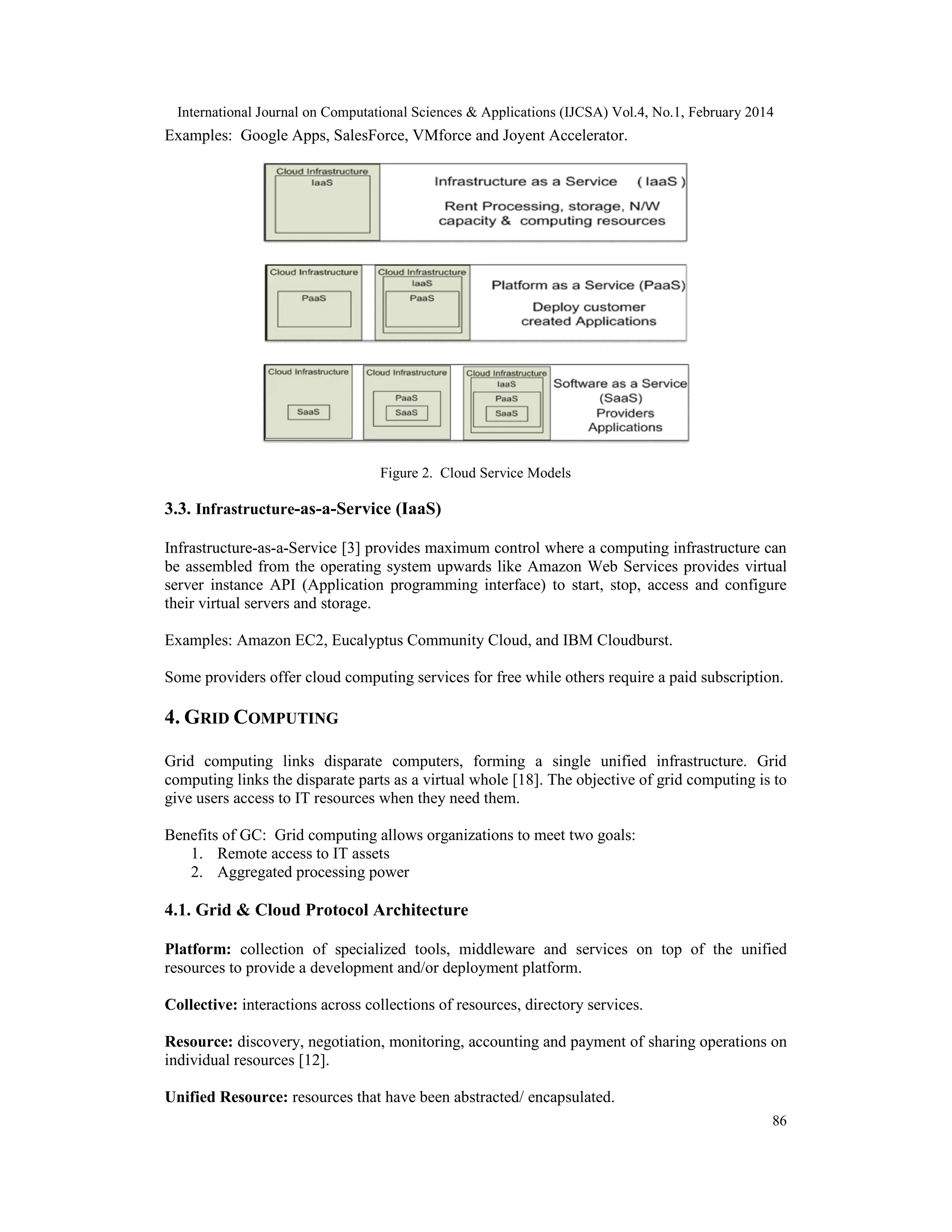 International Journal on Computational Sciences & Applications (IJCSA) Vol.4, No.1, February 2014 86 Examples: Google Apps, SalesForce, VMforce and Joyent Accelerator. Figure 2. Cloud Service Models 3.3. Infrastructure-as-a-Service (IaaS) Infrastructure-as-a-Service [3] provides maximum control where a computing infrastructure can be assembled from the operating system upwards like Amazon Web Services provides virtual server instance API (Application programming interface) to start, stop, access and configure their virtual servers and storage. Examples: Amazon EC2, Eucalyptus Community Cloud, and IBM Cloudburst. Some providers offer cloud computing services for free while others require a paid subscription. 4. GRID COMPUTING Grid computing links disparate computers, forming a single unified infrastructure. Grid computing links the disparate parts as a virtual whole [18]. The objective of grid computing is to give users access to IT resources when they need them. Benefits of GC: Grid computing allows organizations to meet two goals: 1. Remote access to IT assets 2. Aggregated processing power 4.1. Grid & Cloud Protocol Architecture Platform: collection of specialized tools, middleware and services on top of the unified resources to provide a development and/or deployment platform. Collective: interactions across collections of resources, directory services. Resource: discovery, negotiation, monitoring, accounting and payment of sharing operations on individual resources [12]. Unified Resource: resources that have been abstracted/ encapsulated. 