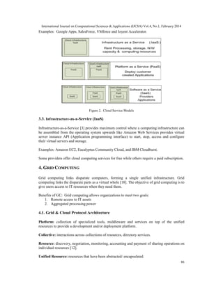 International Journal on Computational Sciences & Applications (IJCSA) Vol.4, No.1, February 2014
86
Examples: Google Apps, SalesForce, VMforce and Joyent Accelerator.
Figure 2. Cloud Service Models
3.3. Infrastructure-as-a-Service (IaaS)
Infrastructure-as-a-Service [3] provides maximum control where a computing infrastructure can
be assembled from the operating system upwards like Amazon Web Services provides virtual
server instance API (Application programming interface) to start, stop, access and configure
their virtual servers and storage.
Examples: Amazon EC2, Eucalyptus Community Cloud, and IBM Cloudburst.
Some providers offer cloud computing services for free while others require a paid subscription.
4. GRID COMPUTING
Grid computing links disparate computers, forming a single unified infrastructure. Grid
computing links the disparate parts as a virtual whole [18]. The objective of grid computing is to
give users access to IT resources when they need them.
Benefits of GC: Grid computing allows organizations to meet two goals:
1. Remote access to IT assets
2. Aggregated processing power
4.1. Grid & Cloud Protocol Architecture
Platform: collection of specialized tools, middleware and services on top of the unified
resources to provide a development and/or deployment platform.
Collective: interactions across collections of resources, directory services.
Resource: discovery, negotiation, monitoring, accounting and payment of sharing operations on
individual resources [12].
Unified Resource: resources that have been abstracted/ encapsulated.
 