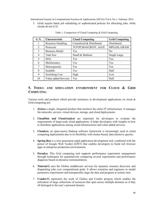 International Journal on Computational Sciences & Applications (IJCSA) Vol.4, No.1, February 2014
88
3. Grids require batch job scheduling or sophisticated policies for allocating jobs, while
clouds do not [13].
Table 1. Comparison of Cloud Computing & Grid Computing
S. N. Characteristic Cloud Computing Grid Computing
1 Resource Handling Centralized & Distributed Distributed
2 Protocols TCP/IP,SOAP,REST, AJAX MPI,GIS, GRAM
3 Business Model Yes No
4 Task Size Small & Medium Single Large
5 SOA Yes Yes
6 Multitenancy Yes Yes
7 Heterogeneity Yes Yes
8 Scalable Yes Half
9 Switching Cost High Low
10 Value added Services Yes Half
5. TOOLS AND SIMULATION ENVIRONMENT FOR CLOUD & GRID
COMPUTING
Various tools and products which provide assistance in development applications on cloud &
Grid computing are:
1. Zenoss a single, integrated product that monitors the entire IT infrastructure. It manages
the networks, servers, virtual devices, storage, and cloud deployments.
2. CloudSim and CloudAnalyst are important for developers to evaluate the
requirements of large-scale cloud applications. It helps developers with insights in how
to distribute applications among cloud infrastructures and value added services.
3. Cloudera, an open-source Hadoop software framework is increasingly used in cloud
computing deployments due to its flexibility with cluster-based, data intensive queries.
4. Spring Roo is a next generation rapid application development tool, combined with the
power of Google Web Toolkit (GWT) that enables developers to build rich browser
apps in enterprise production environments.
5. Paradyn, This Grid computing tool supports performance experiment management
through techniques for quantitatively comparing several experiments and performance
diagnosis based on dynamic instrumentation.
6. Nimrod-G uses the Globus middleware services for dynamic resource discovery and
dispatching jobs over computational grids. It allows scientists and engineers to model
parametric experiments and transparently stage the data and program at remote sites.
7. Condor-G represents the work of Globus and Condor projects which enables the
utilization of large collections of resources that span across multiple domains as if they
all belonged to the user’s personal domain.
 