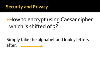 How to encrypt using Caesar cipher
which is shifted of 3?
Simply take the alphabet and look 3 letters
after.
 