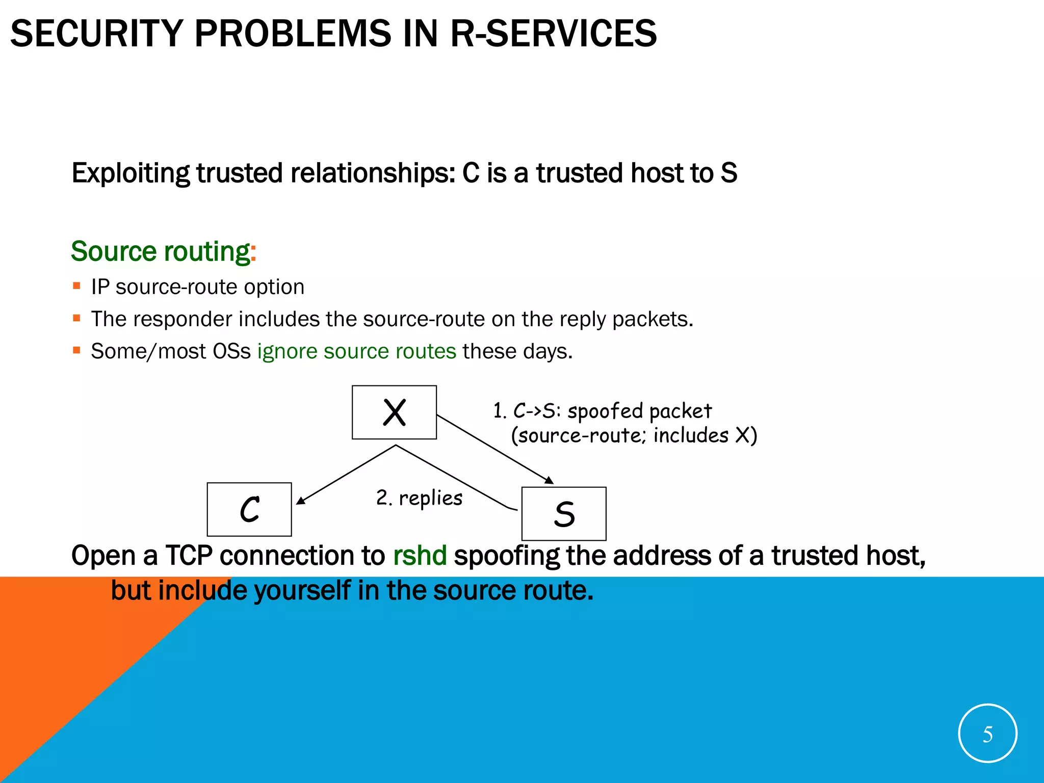 SECURITY PROBLEMS IN R-SERVICES


  Exploiting trusted relationships: C is a trusted host to S

  Source routing:
   IP source-route option
   The responder includes the source-route on the reply packets.
   Some/most OSs ignore source routes these days.

                                 X           1. C->S: spoofed packet
                                                (source-route; includes X)


                                2. replies
                  C                                S
  Open a TCP connection to rshd spoofing the address of a trusted host,
    but include yourself in the source route.



                                                                             5
 