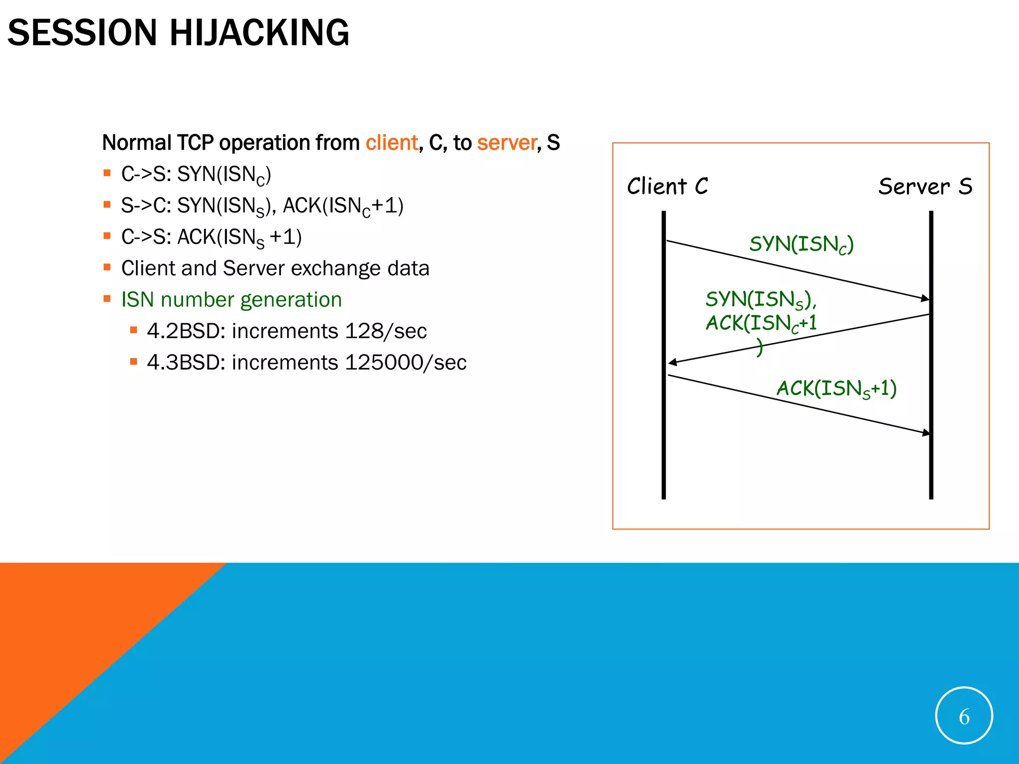 SESSION HIJACKING

    Normal TCP operation from client, C, to server, S
     C->S: SYN(ISNC)
                                                        Client C               Server S
     S->C: SYN(ISNS), ACK(ISNC+1)
     C->S: ACK(ISNS +1)                                           SYN(ISNC)
     Client and Server exchange data
     ISN number generation                                    SYN(ISNS),
        4.2BSD: increments 128/sec                            ACK(ISNC+1
                                                                   )
        4.3BSD: increments 125000/sec
                                                                     ACK(ISNS+1)




                                                                                     6
 