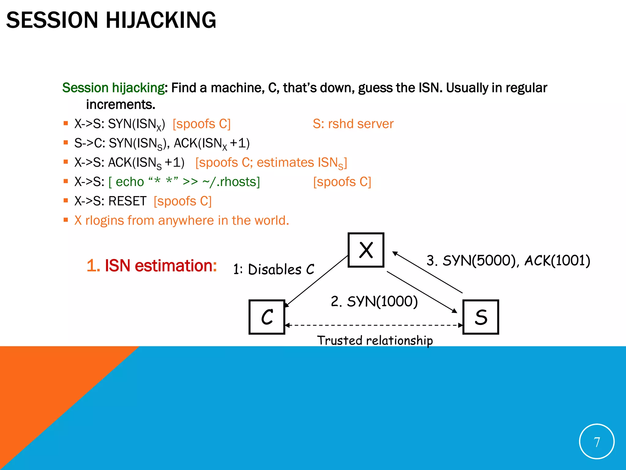 SESSION HIJACKING

    Session hijacking: Find a machine, C, that’s down, guess the ISN. Usually in regular
        increments.
     X->S: SYN(ISNX) [spoofs C]               S: rshd server
     S->C: SYN(ISNS), ACK(ISNX +1)
     X->S: ACK(ISNS +1) [spoofs C; estimates ISNS]
     X->S: [ echo “* *” >> ~/.rhosts]         [spoofs C]
     X->S: RESET [spoofs C]
     X rlogins from anywhere in the world.

                                                        X          3. SYN(5000), ACK(1001)
        1. ISN estimation:       1: Disables C

                                                   2. SYN(1000)
                                      C                                    S
                                                 Trusted relationship




                                                                                             7
 