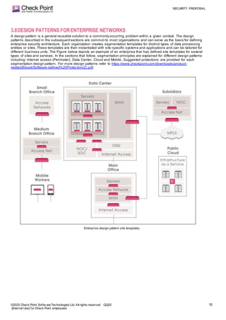 SECURITY PROPOSAL
©2020 Check Point Softw are Technologies Ltd. Allrights reserved Q2|20
[Internal Use] for Check Point employees
16
3.8DESIGN PATTERNS FORENTERPRISE NETWORKS
A design pattern is a general reusable solution to a commonly occurring problem within a given context. The design
patterns described in the subsequentsections are common to most organizations and can serve as the basis for defining
enterprise security architecture. Each organization creates segmentation templates for distinct types of data processing
entities or sites. These templates are then instantiated with site-specific systems and applications and can be tailored for
different business units. The Figure below depicts an example of an enterprise that has defined site templates for several
types of sites and services. In the sections that follow, segmentation principles are explained for different design patterns
including: Internet access (Perimeter), Data Center, Cloud and Mobile .Suggested protections are provided for each
segmentation design pattern. For more design patterns refer to https://www.checkpoint.com/downloads/product-
related/Ebook/Software-defined%20Protection(2).pdf
Enterprise design pattern site templates
 